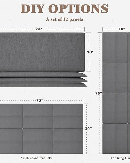 King Headboard, Wall Mounted Peel and Stick Headboard, Upholstered Tufted Bed Headboard for King Size Bed, Floating Dorm Bedroom Tall Headboard Soundproof Wall Panels (12 Panels, 10"x24") - LeafyLoom