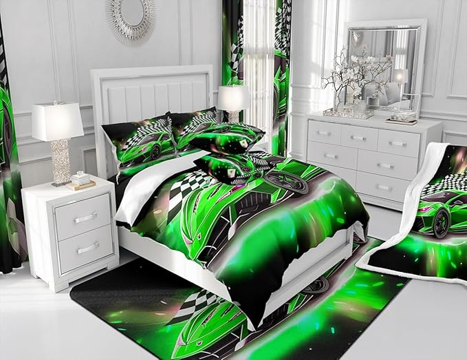 Feelyou Race Car Bedding Set Queen Size,Boys Extreme Sports Comforter Set for Kids Boys Car Racing Gifts,Green Cool Car Comforter Car Sports Quilt Set 1 Comforter with 2 Pillowcase Car Racing Gifts - LeafyLoom