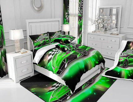 Feelyou Race Car Bedding Set Twin Size,Boys Extreme Sports Comforter Set for Kids Boys Car Racing Gifts,Green Cool Car Comforter Car Sports Quilt Set 1 Comforter with 1 Pillowcase Car Racing Gifts - LeafyLoom
