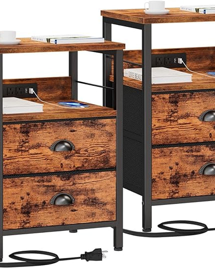 Furologee Nightstand Set of 2, Rustic Brown, with Charging Station and USB Ports, Side Tables with 2 Fabric Drawers, Bedside Tables with Storage Shelf & Hooks, for Living Room/Bedroom - LeafyLoom