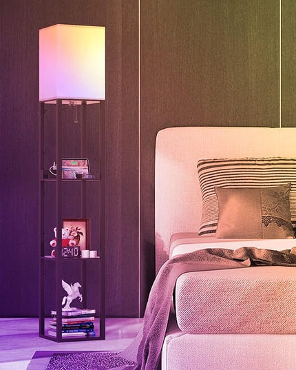 PAZZO Smart RGB Floor lamp with Shelves, Shelf Floor Lamp with Alexa, Solid Wood with 2 Charging Ports and 1 Power Outlet, Modern Standing Lamp for livingroom, Bedroom,Bulb Included,Matt Black - LeafyLoom