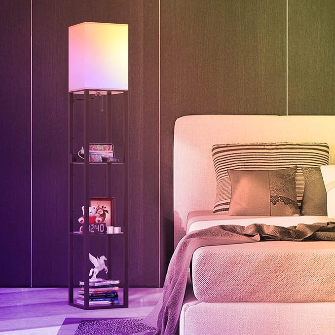 PAZZO Smart RGB Floor lamp with Shelves, Shelf Floor Lamp with Alexa, Solid Wood with 2 Charging Ports and 1 Power Outlet, Modern Standing Lamp for livingroom, Bedroom,Bulb Included,Matt Black - LeafyLoom