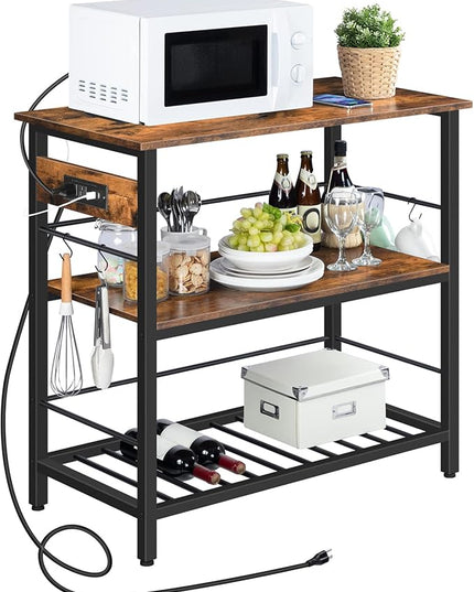 HOOBRO Kitchen Island with Storage, Kitchen Island Table with Power Outlet, 3 Tier Coffee Station and Microwave Stand, for Home, Kitchen and Dining Room, Rustic Brown and Black BF021ZD01 - LeafyLoom