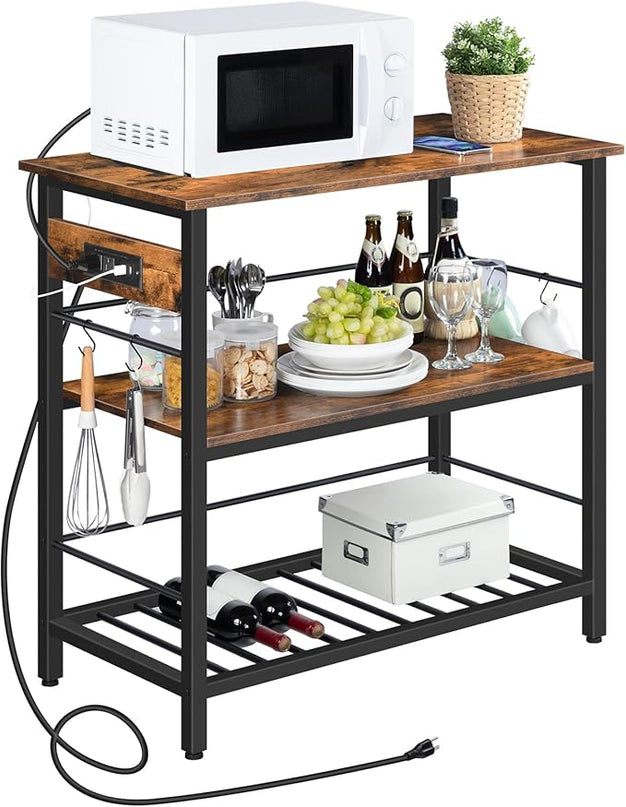 HOOBRO Kitchen Island with Storage, Kitchen Island Table with Power Outlet, 3 Tier Coffee Station and Microwave Stand, for Home, Kitchen and Dining Room, Rustic Brown and Black BF021ZD01 - LeafyLoom