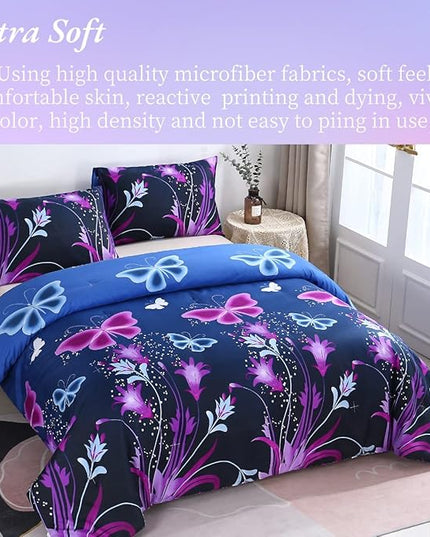 WINLIFE Butterfly Comforter Set Queen Size, 3Pcs Pink Purple Blue Black Animals Butterflies Floral Bedding Set for Girls Women, Soft Bed Set All Season Lightweight Down Alternative - LeafyLoom