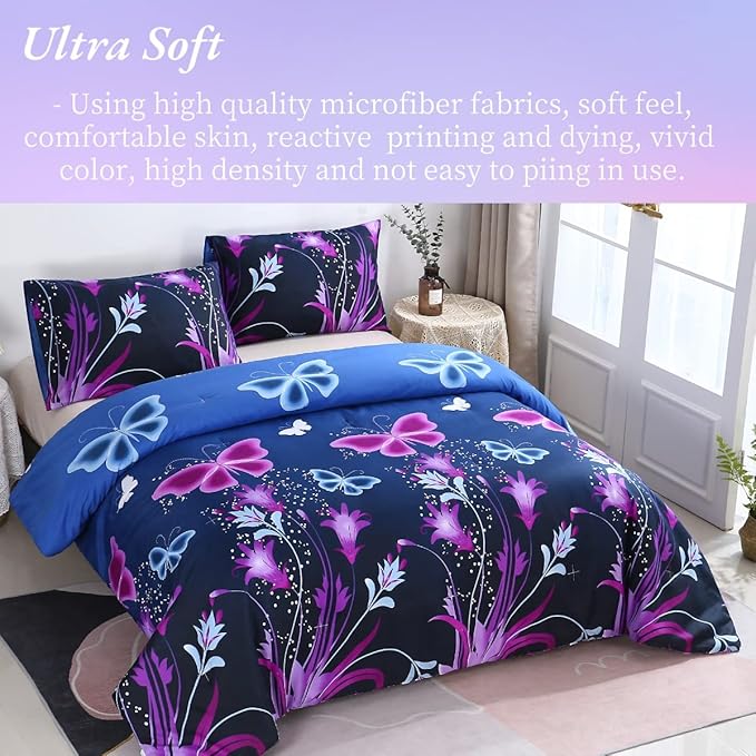WINLIFE Butterfly Comforter Set Queen Size, 3Pcs Pink Purple Blue Black Animals Butterflies Floral Bedding Set for Girls Women, Soft Bed Set All Season Lightweight Down Alternative - LeafyLoom