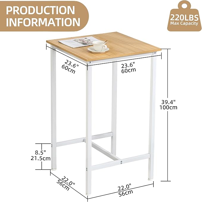 Finnhomy Bar Table, 23.6" Pub Table High Top Table, Square Bar Height Table, Counter Height Cocktail Table, Small Kitchen Table Set for 2, Breakfast for Kitchen, Living Room, Oak Beige and White - LeafyLoom