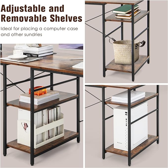 L-Shaped Home Office Desk, Corner Computer Desk w/Monitor Stand, Reversible PC Desk w/Heavy-Duty Metal Frame, Long Office Desk for 2 Person, Space-Saving Design (Rustic Brown) - LeafyLoom