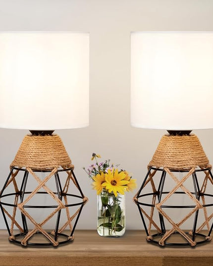 Hamilyeah Table Lamps Set of 2, Woven Lamps for Nightstand with On/Off Switch, Farmhouse Bedside Lamps with White Fabric Shade, Modern Simple Lamps for Bedroom, Living Room - LeafyLoom