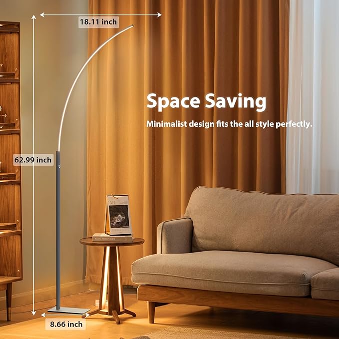 Arc Corner Floor Lamp - 3000K Warm White & 3 Brightness Presets - Curved LED Standing Lamp with Touch Switch - 63" Modern Floor Lamp for Living Room, Bedroom (Silver) - LeafyLoom