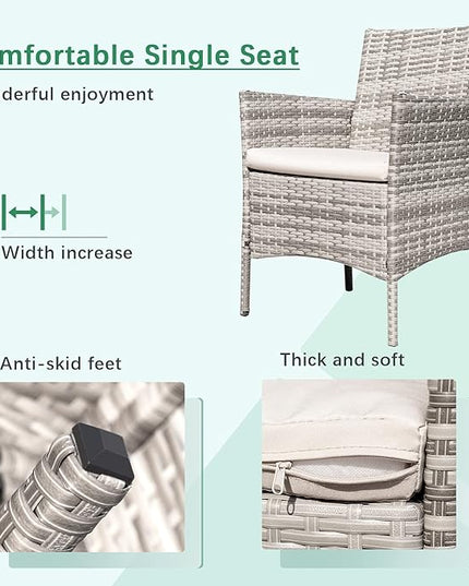 Greesum Patio Furniture 4 Pieces Conversation Sets Outdoor Wickerr Rattan Chairs Garden Backyard Balcony Porch Poolside loveseat with Soft Cushion and Glass Table, Gray and Beige - LeafyLoom