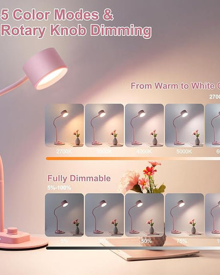 Cute Desk Lamp with USB C + A Charging Port, 5 Colors Dimmable Reading Lamps, Minimalist Pink Lamp for Kids, Eye Care Metal Bedside Table Lamp with Timer Flexible Gooseneck Desk Light for Home Office - LeafyLoom