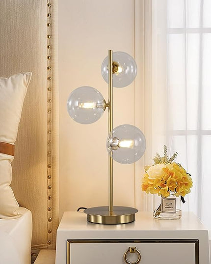 Mid Century Gold Globe Table Lamp Modern Golden Desk Reading Lamp Contemporary Brass Metal Nightstand Lamp with Clear Glass Shade Bedside Lamp for Bedroom Study Room Office MTL03-C - LeafyLoom