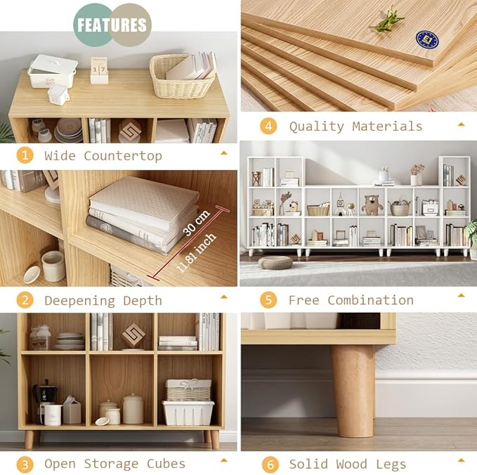 IOTXY Open Cube Low Bookcase - 2-Tier Freestanding Storage Display Cabinet Organizer with Legs for Home Office, 6-Cubes Open Shelf Short Bookshelf, White - LeafyLoom