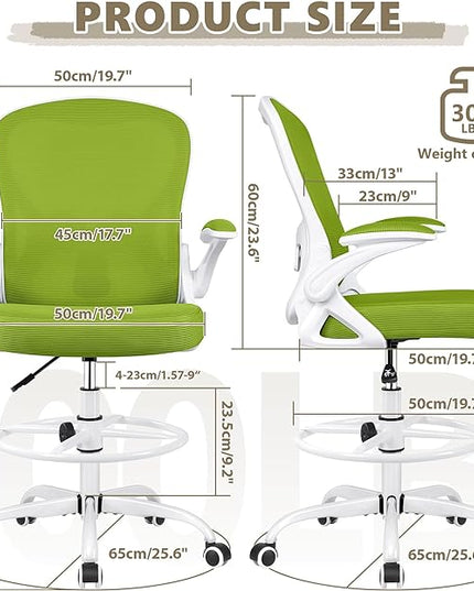 Drafting Chair, Tall Office Chair Ergonomic Standing Desk chair, Lumbar Support Computer Chair Swivel Task Rolling Chair with Adjustable Flip-up Armrests & Foot Ring (Green) - LeafyLoom