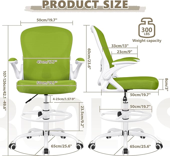 Drafting Chair, Tall Office Chair Ergonomic Standing Desk chair, Lumbar Support Computer Chair Swivel Task Rolling Chair with Adjustable Flip-up Armrests & Foot Ring (Green) - LeafyLoom