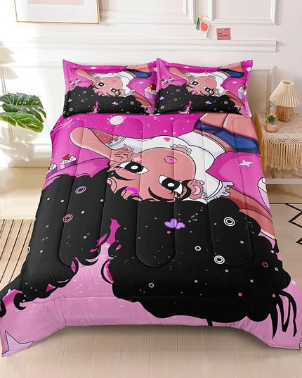 African American Black Girl Comforter Set, Twin Size Bedding Set for girls, Pink Black Girls Bedroom Decor Bed Set, Princess Bedding Set with 1 Comforter and 2 Pillow Cases - LeafyLoom
