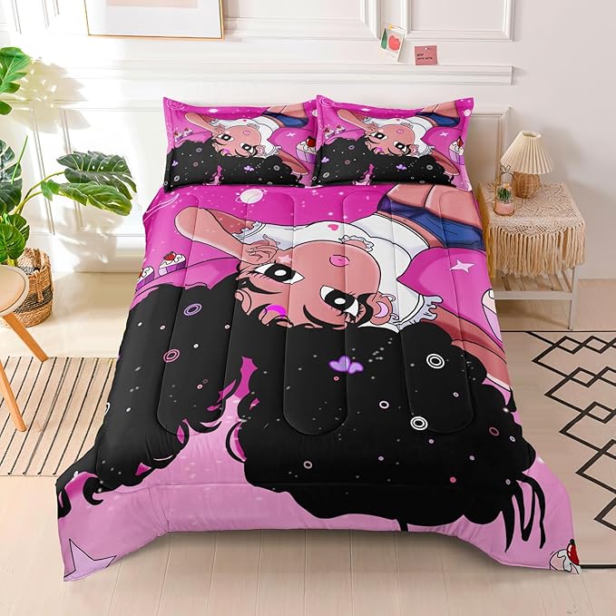 African American Black Girl Comforter Set, Twin Size Bedding Set for girls, Pink Black Girls Bedroom Decor Bed Set, Princess Bedding Set with 1 Comforter and 2 Pillow Cases - LeafyLoom