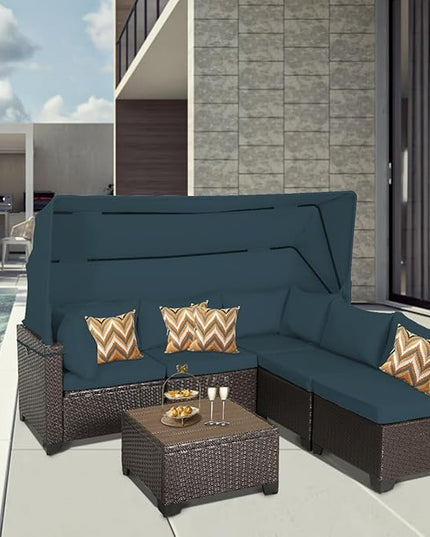 6 PCS Outdoor Patio Furniture Set,Sectional Sofa Set,Rattan Daybed with Retractable Canopy,Adjustable Backrest,Storage Coffee Table,Chaise Chair Sunbed for Garden Poolside Backyard(Sky Blue) - LeafyLoom