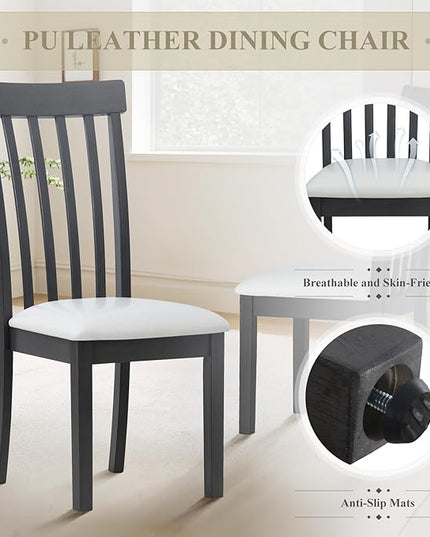 COLAMY Wooden Dining Chairs Set of 6, PU Leather Dining Room Kitchen Side Chair with Spindle High Back and Adjustable Foot Pegs - Grey - LeafyLoom