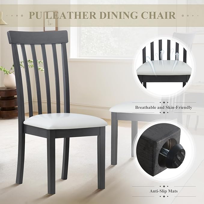 COLAMY Wooden Dining Chairs Set of 6, PU Leather Dining Room Kitchen Side Chair with Spindle High Back and Adjustable Foot Pegs - Grey - LeafyLoom