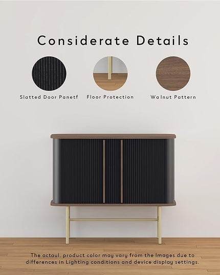 roomfitters Sideboard Buffet Cabinet with Sliding Doors, Mid Century Modern Credenza with 2 Tambour Doors, Minimalist Accent Storage Cabinet for Living Room, Media Console with Storage, Walnut Black - LeafyLoom