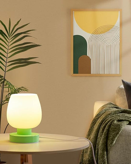 Touch Bedside Table Lamp Set of 2 - Small Modern Table Lamp for Bedroom Living Room Nightstand, 3-Way Dimable Desk lamp with Light Pink Glass Lamp Shade, 2700K LED Bulb, Simple Design Green - LeafyLoom