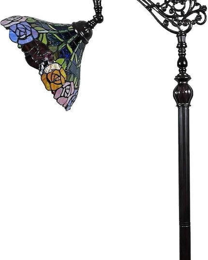 Amora Tiffany Floor Lamp - Arched, Stained Glass 62” with Foot Switch Operation and Adjustable Lamp Shade - Custom Handcrafted Floor Lamps for Living Room in Red Yellow Green Rose Flower - LeafyLoom