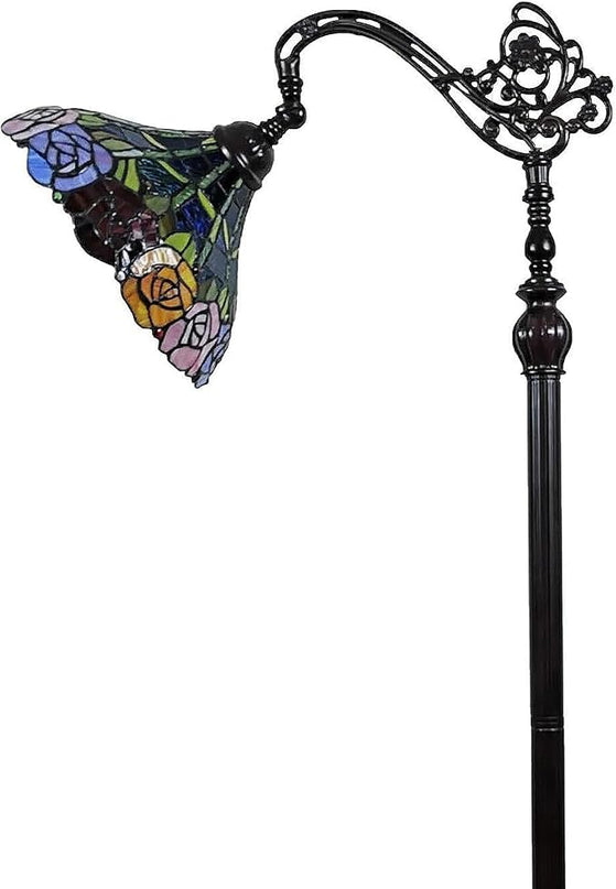Amora Tiffany Floor Lamp - Arched, Stained Glass 62” with Foot Switch Operation and Adjustable Lamp Shade - Custom Handcrafted Floor Lamps for Living Room in Red Yellow Green Rose Flower - LeafyLoom
