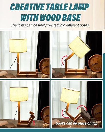 Robot Cute Desk Lamp Novelty Wooden Creative Table Lamp with Wood Base Adjustable Shape Bedside Fun Funky Lamp Reading Wood Lamp DIY Fun Robot Lamp for Bedroom, Office, Study Desk, Kids Room - LeafyLoom