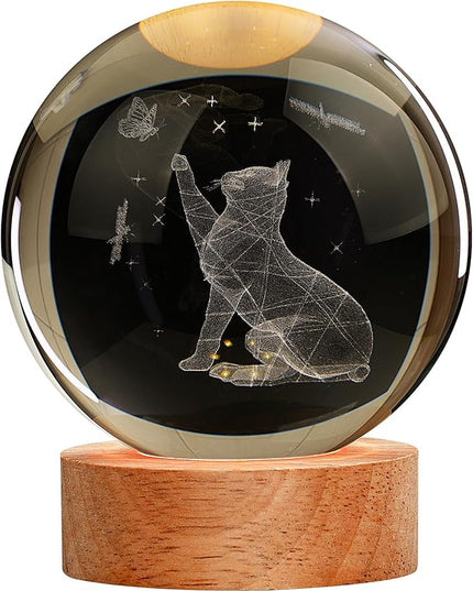 Cat Gifts for Cat Lovers for Women, Large 3D Cat Night Light, Crystal Cat Figurines Lamp 16 Color Changing with Remote Control for Bedroom Decor, Cat Play with Butterfly - LeafyLoom
