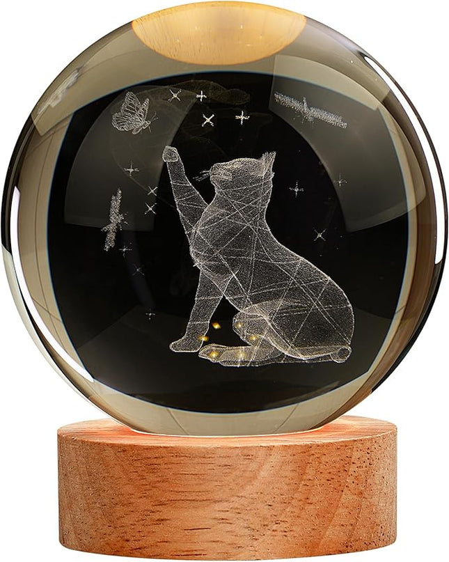 Cat Gifts for Cat Lovers for Women, Large 3D Cat Night Light, Crystal Cat Figurines Lamp 16 Color Changing with Remote Control for Bedroom Decor, Cat Play with Butterfly - LeafyLoom