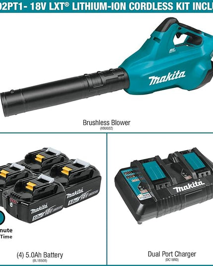Makita XBU02PT1 36V (18V X2) LXT® Brushless Blower Kit with 4 Batteries (5.0Ah) - LeafyLoom