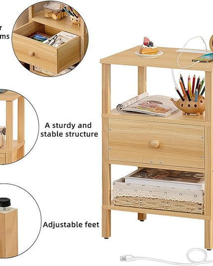 Lerliuo Nightstand with Charging Station and USB Ports, 3-Tier Storage End Table with Drawer Shelf, Night Stand for Small Spaces, Wood Bedside Table for Living Room, Bedroom - Natural Wood - LeafyLoom