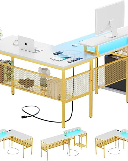 L Shaped Desk, 55 Inch Reversible Computer Desk with Power Outlet and RGB LED Light, Sturdy Corner Office Gaming Desk with Ergonomic Monitor Stand, Attractive Grid Design, White and Gold - LeafyLoom