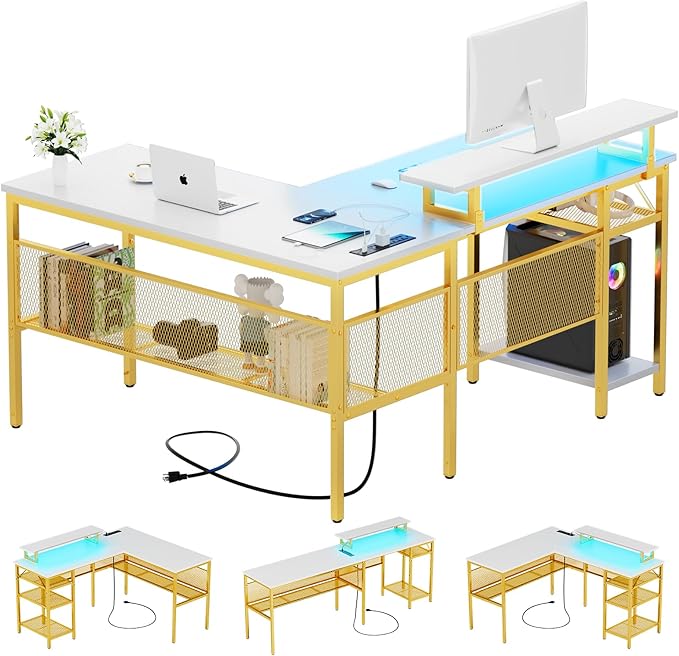 L Shaped Desk, 55 Inch Reversible Computer Desk with Power Outlet and RGB LED Light, Sturdy Corner Office Gaming Desk with Ergonomic Monitor Stand, Attractive Grid Design, White and Gold - LeafyLoom