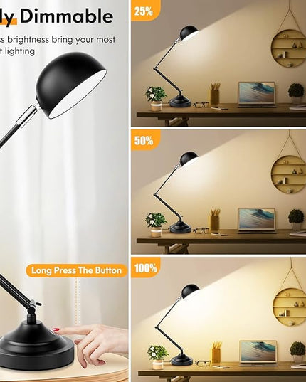 Touch Control LED Desk Lamp with USB Charging Port, Architect Black Metal Lamp with Adjustable Swing Arm, Dimmable Modern Table Lamp for Home Office Reading Study, 3000K/4000K/5000K 3 Color Modes - LeafyLoom