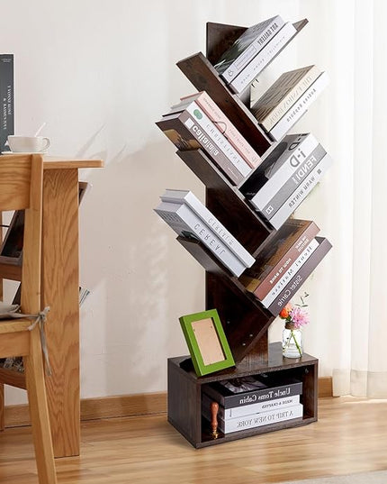Tree Bookshelf 6 layers with drawers Retro Book Holder Rustic Brown Wooden Floor Standing Bookshelf for Living Room,Bedroom,Home Office Modern Bookcase - LeafyLoom