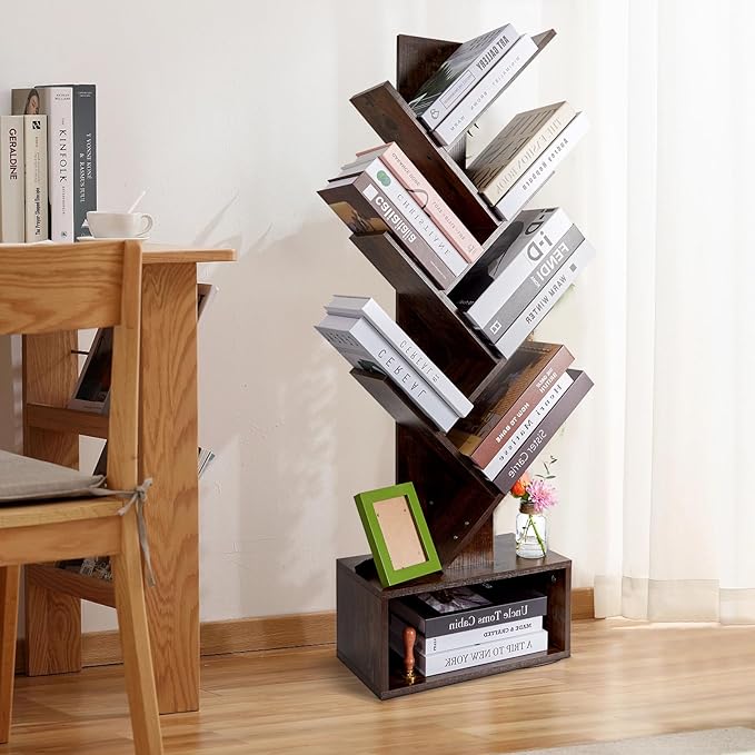 Tree Bookshelf 6 layers with drawers Retro Book Holder Rustic Brown Wooden Floor Standing Bookshelf for Living Room,Bedroom,Home Office Modern Bookcase - LeafyLoom