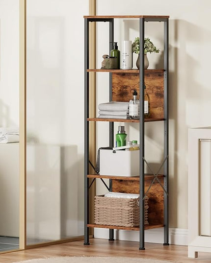 Furologee 5 Tier Bookshelf with Back, Tall Narrow Bookcase, Rustic Standing Shelf Units, Metal and Wood Display Storage Rack Organizer for Bedroom, Living Room, Home Office, Entryway - LeafyLoom