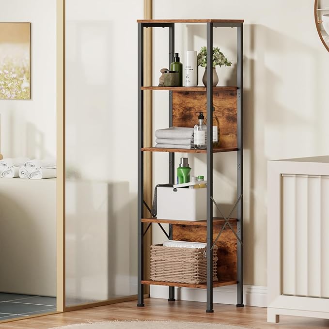 Furologee 5 Tier Bookshelf with Back, Tall Narrow Bookcase, Rustic Standing Shelf Units, Metal and Wood Display Storage Rack Organizer for Bedroom, Living Room, Home Office, Entryway - LeafyLoom