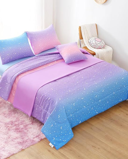 JQinHome Full Girls Comforter Set,6 Piece Bed in A Bag 3D Purple Orange Glitter Bedding Set -All Season Microfiber Rainbow Bedding Sets for Girls Women - LeafyLoom