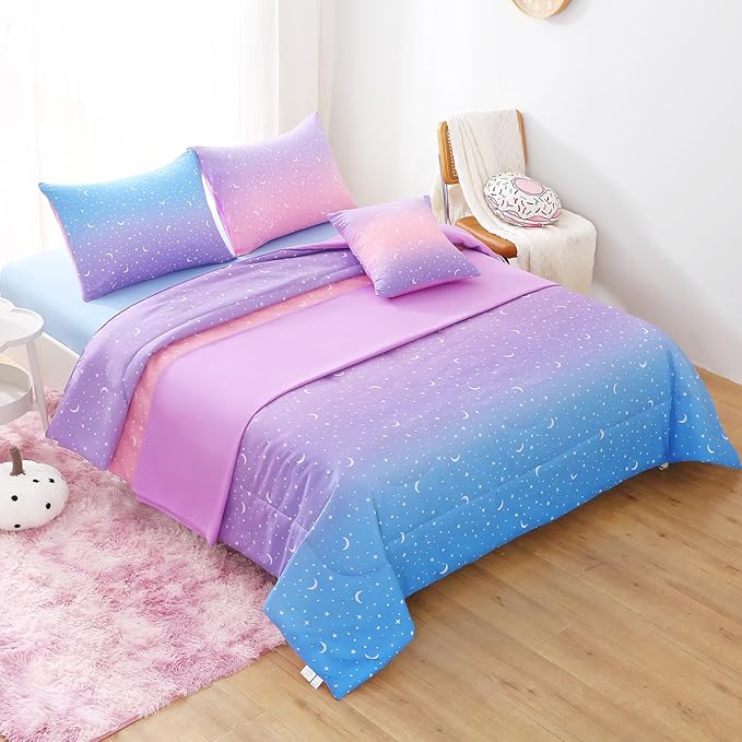 JQinHome Full Girls Comforter Set,6 Piece Bed in A Bag 3D Purple Orange Glitter Bedding Set -All Season Microfiber Rainbow Bedding Sets for Girls Women - LeafyLoom