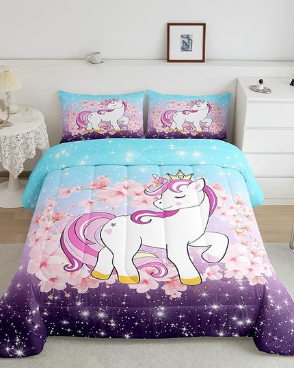 Unicorn Comforter Set King, Kids Unicorn Floral Bedding for Girls Boys Children Bedroom Decor, Cherry Blossoms Glitter Down Comforter Galaxy Kawaii Quilt Set with 1 Pillowcase, Blue Purple Ombre - LeafyLoom