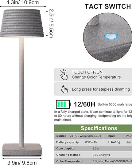 Rechargeable Cordless Table Lamp, Battery 5000mAh Metal Aluminum Housing USB LED Portable Powered Desk Lamp, 3 Levels Brightness Night Light for Restaurants Bars Outdoor (ferrous gray-2pack) - LeafyLoom