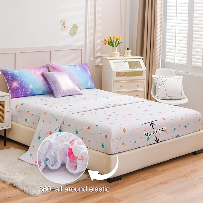 A Nice Night 6Pcs Gradient Glitter Bedding Set for Girls Twin Size, Colorful Rainbow Galaxy Comforter Set, Ultra Soft Bedding Sets, Purple - LeafyLoom