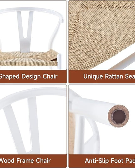 Farini Rattan Chairs for Dining Room Wishbone Chair Solid Wood Armchairs Y Shaped Backrest Hemp Seat for Home Restaurant Fully-Assembled(Set of 2,White-Beige Seat) - LeafyLoom