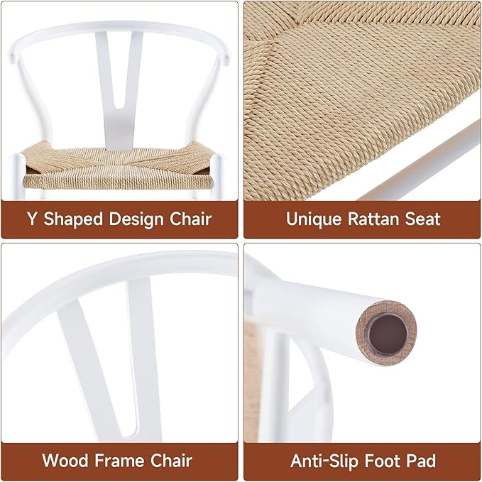 Farini Rattan Chairs for Dining Room Wishbone Chair Solid Wood Armchairs Y Shaped Backrest Hemp Seat for Home Restaurant Fully-Assembled(Set of 2,White-Beige Seat) - LeafyLoom