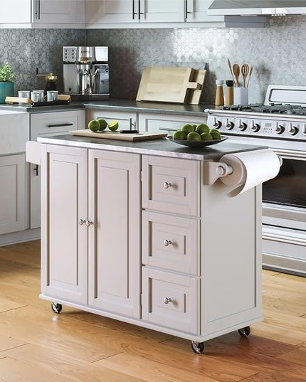 Homestyles Kitchen Cart with Stainless Steel Metal Top Rolling Mobile Kitchen Island with Storage and Towel Rack 54 Inch Width Off White - LeafyLoom