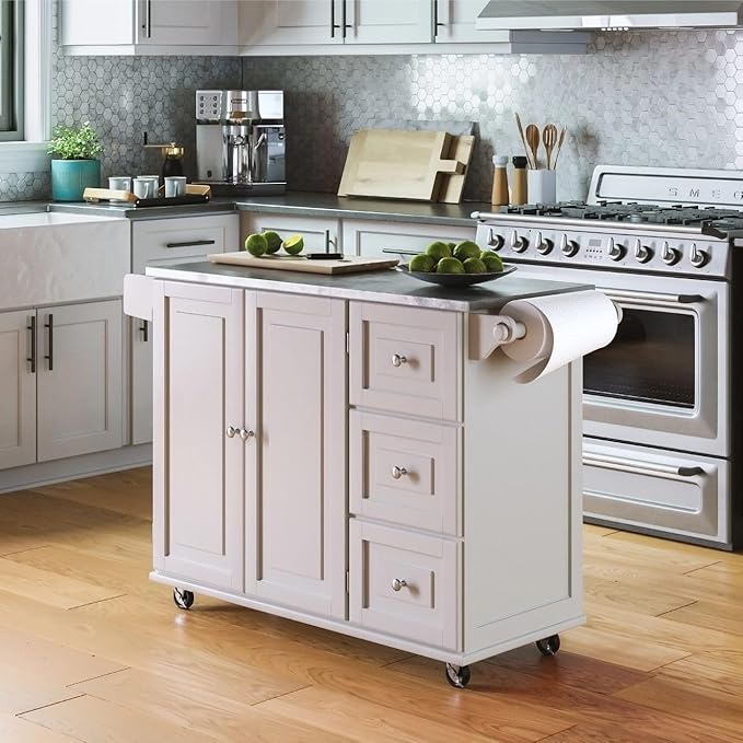 Homestyles Kitchen Cart with Stainless Steel Metal Top Rolling Mobile Kitchen Island with Storage and Towel Rack 54 Inch Width Off White - LeafyLoom